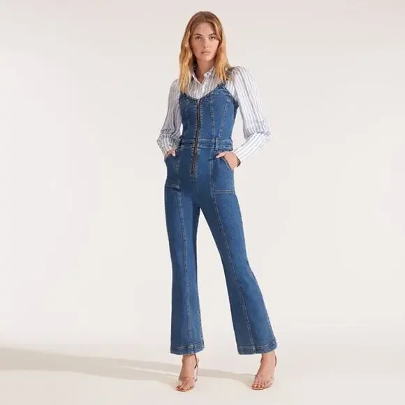 VERONICA BEARD Fayre Jumpsuit Denim Flare Leg Front Zip V Neck Blue NWT